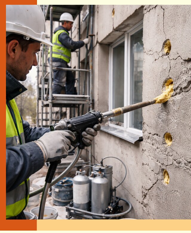 Заполнение пустот в фасаде и утепление стен в Краснокамске